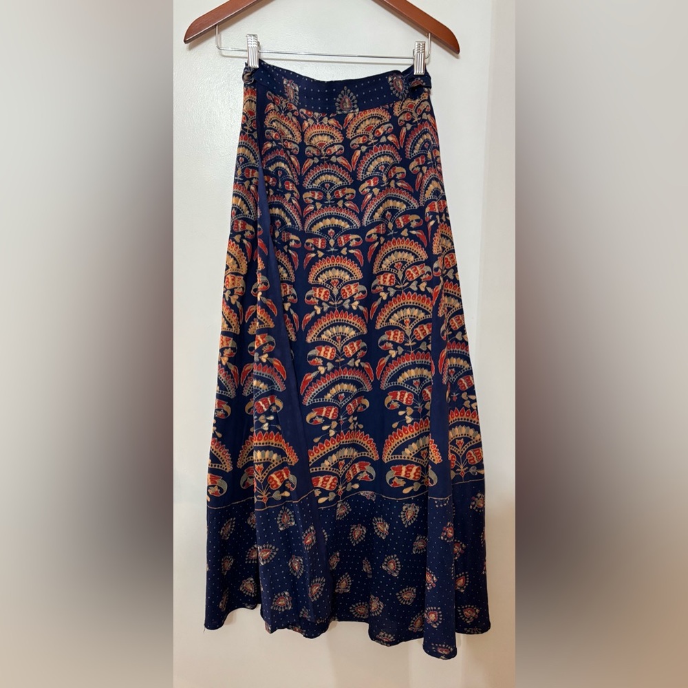 Bohemian Style Women Navy Print Wrap Maxi Skirt See Measurements for Size